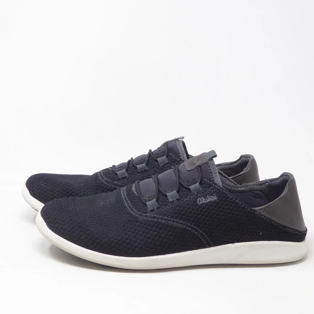 OluKai Mens Alapa Li Sneakers Black Mesh Leather Slip On Size 8.5